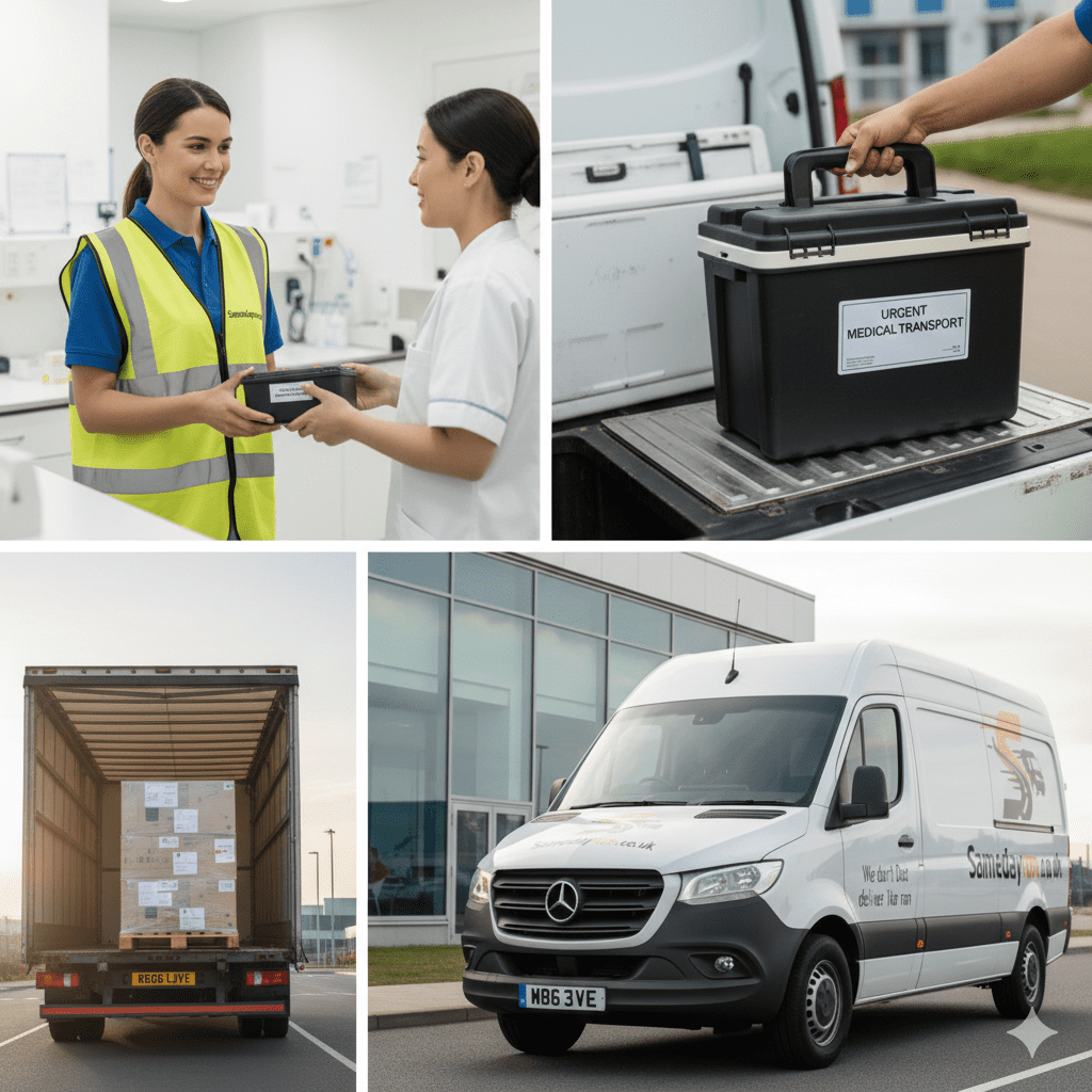 A Samedayrun courier in a high-visibility vest handing a secure medical transport case to a healthcare professional in a clinical setting.