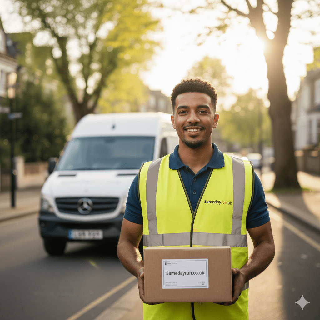 Samedayrun courier in a high-vis vest holding a parcel in front of a delivery van on a leafy London street.