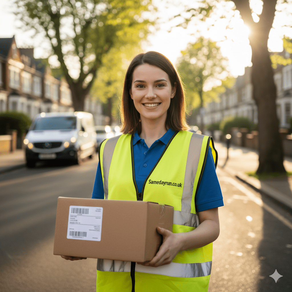 A smiling female Samedayrun courier wearing a high-visibility safety vest and holding a parcel on a sunlit residential street with a delivery van in the background.