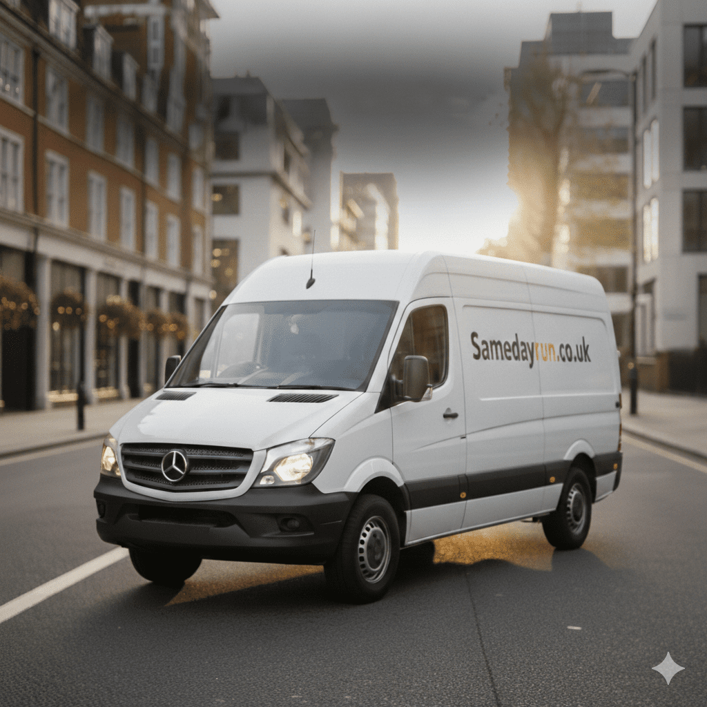 A professional white Samedayrun.co.uk delivery van parked on a London street during sunset, representing reliable nationwide courier services.