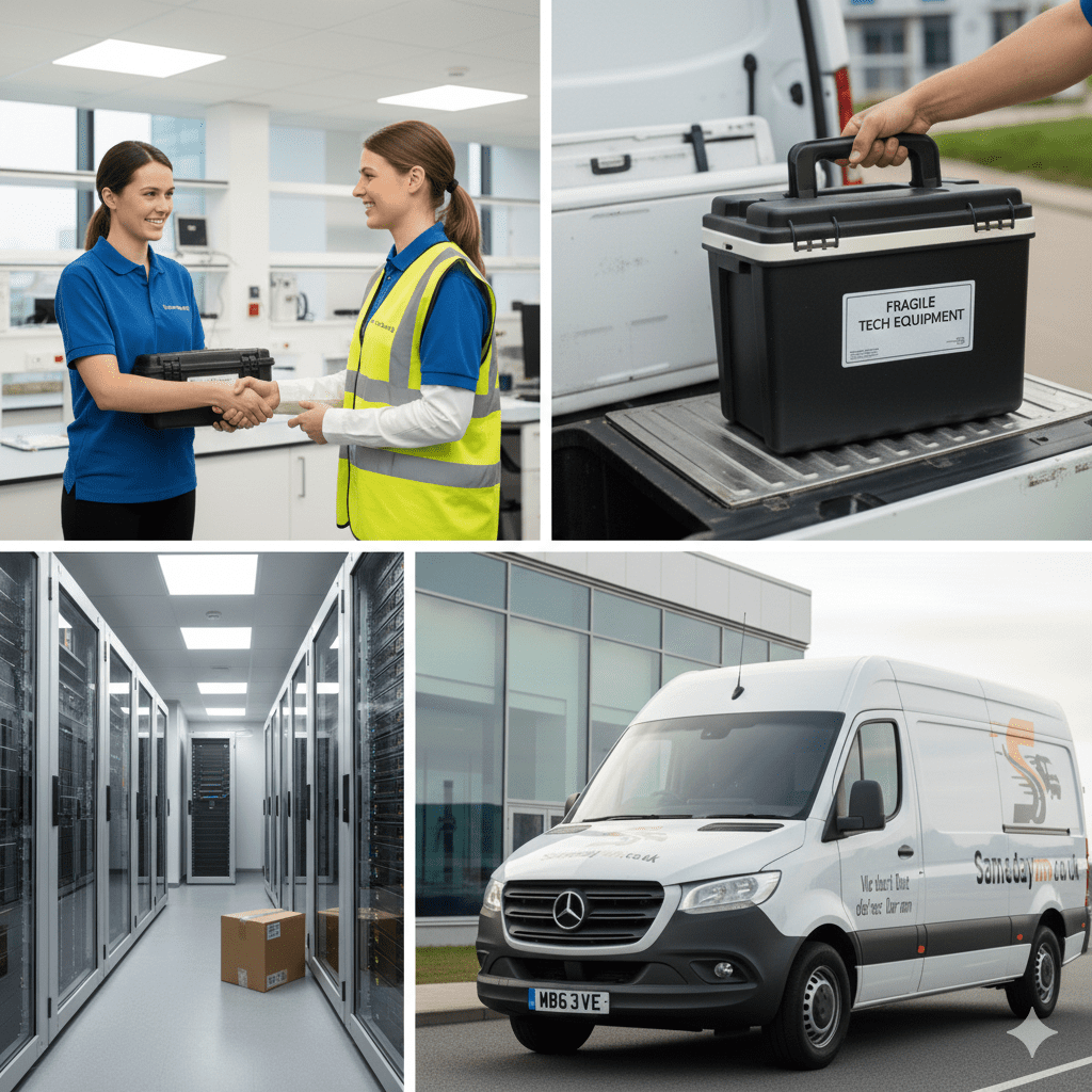 A Samedayrun courier in a blue polo shirt shaking hands with a medical professional in a lab, handing over a secure temperature-controlled medical transport case.