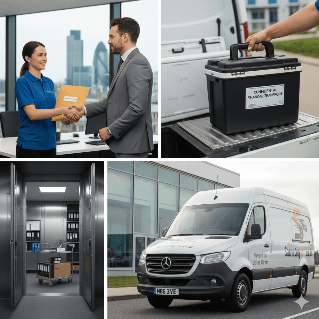 A Samedayrun courier in a blue polo shirt shaking hands with a professional businessman in an office while handing over a secure document envelope.