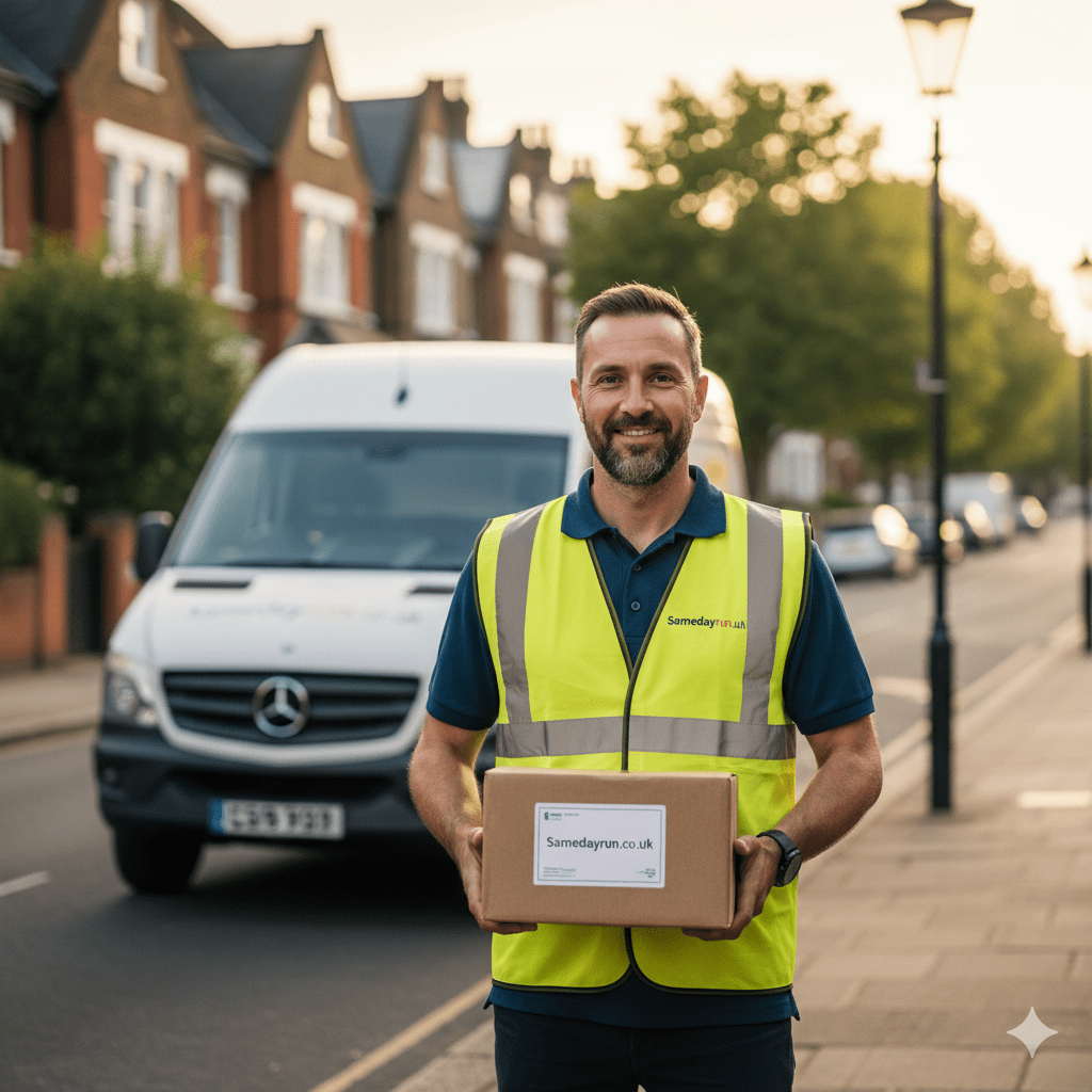 A friendly male Samedayrun courier in a high-visibility safety vest holding a branded parcel on a residential London street with a delivery van in the background.
