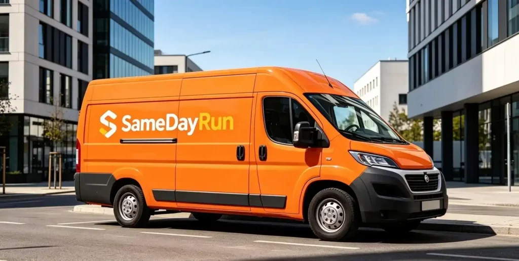 Bright orange SameDayRun delivery van — fast same-day courier service across UK